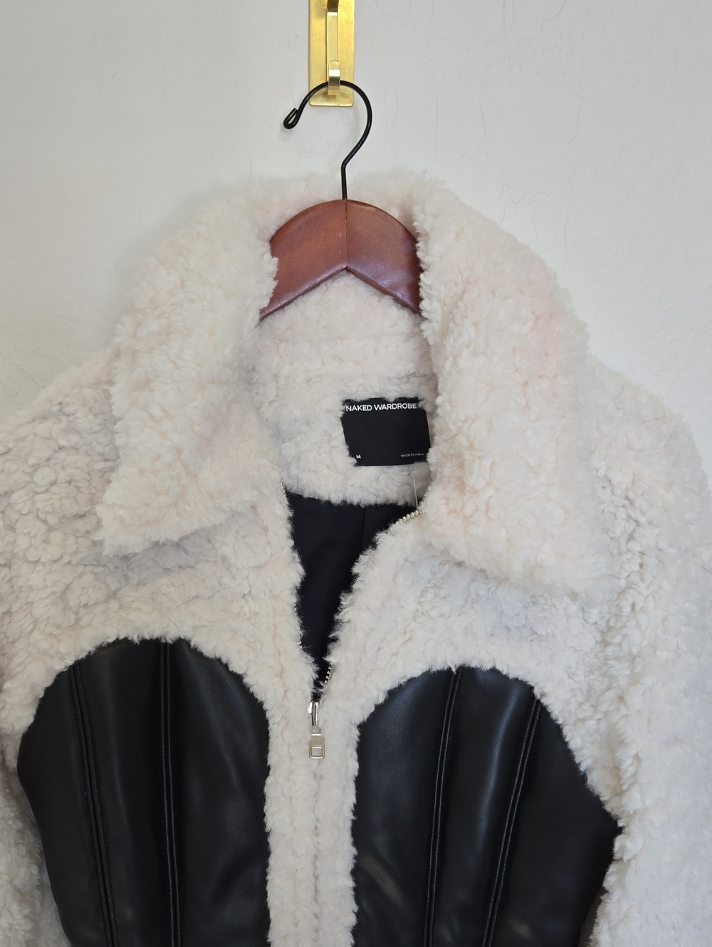 Naked Wardrobe High Pile Fleece Jacket Black White Full Zip Rustic Size M NWT - Picture 9 of 15